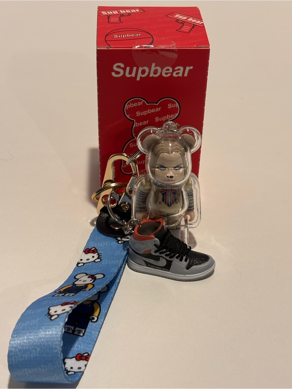 Supbear Clear Bear Keychain with Mini Sneaker & Blue Hello Kitty Lanyard